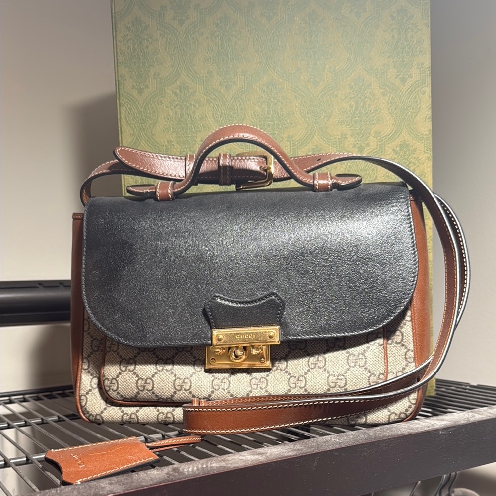 Gucci Black and Brown Satchel with Gold-Toned Hardware